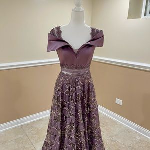 Off The Shoulder Lace Gown with Over Skirt Dress